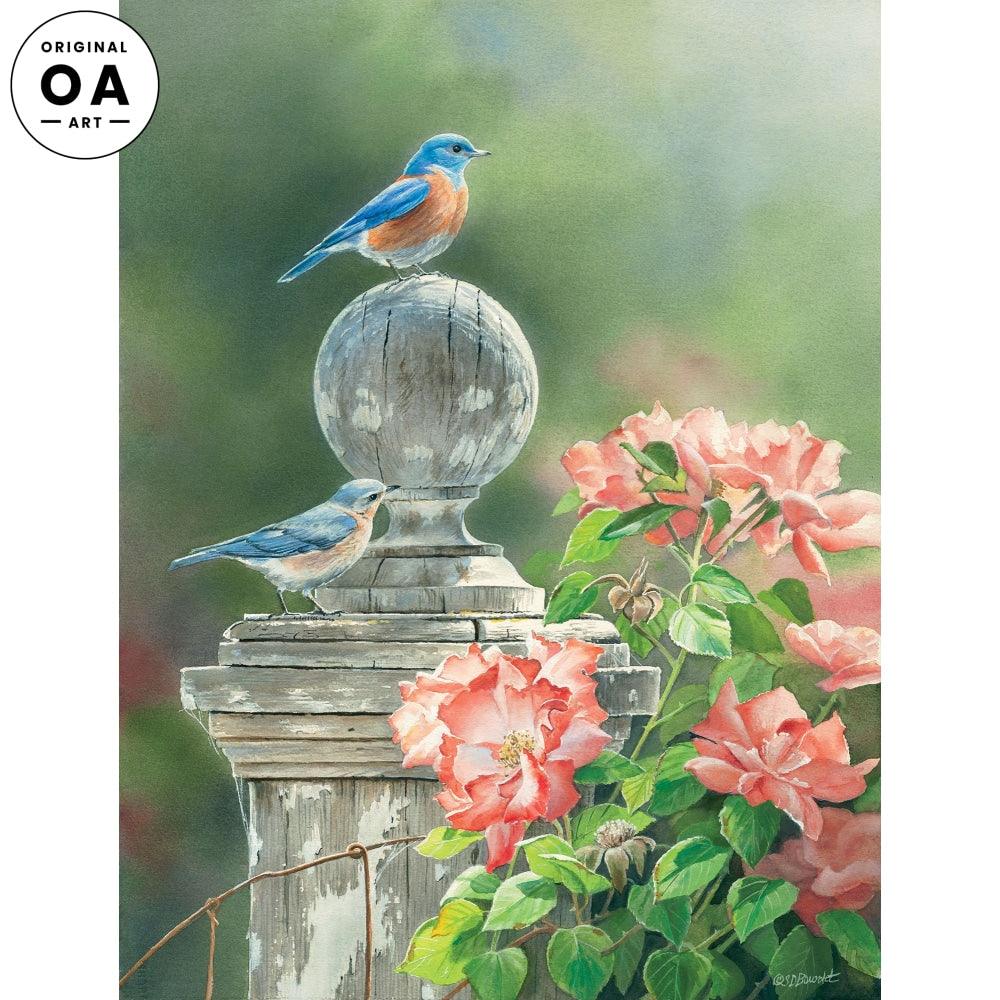 Grandmas Gatepost—Bluebird Original Watercolor Painting - Wild Wings