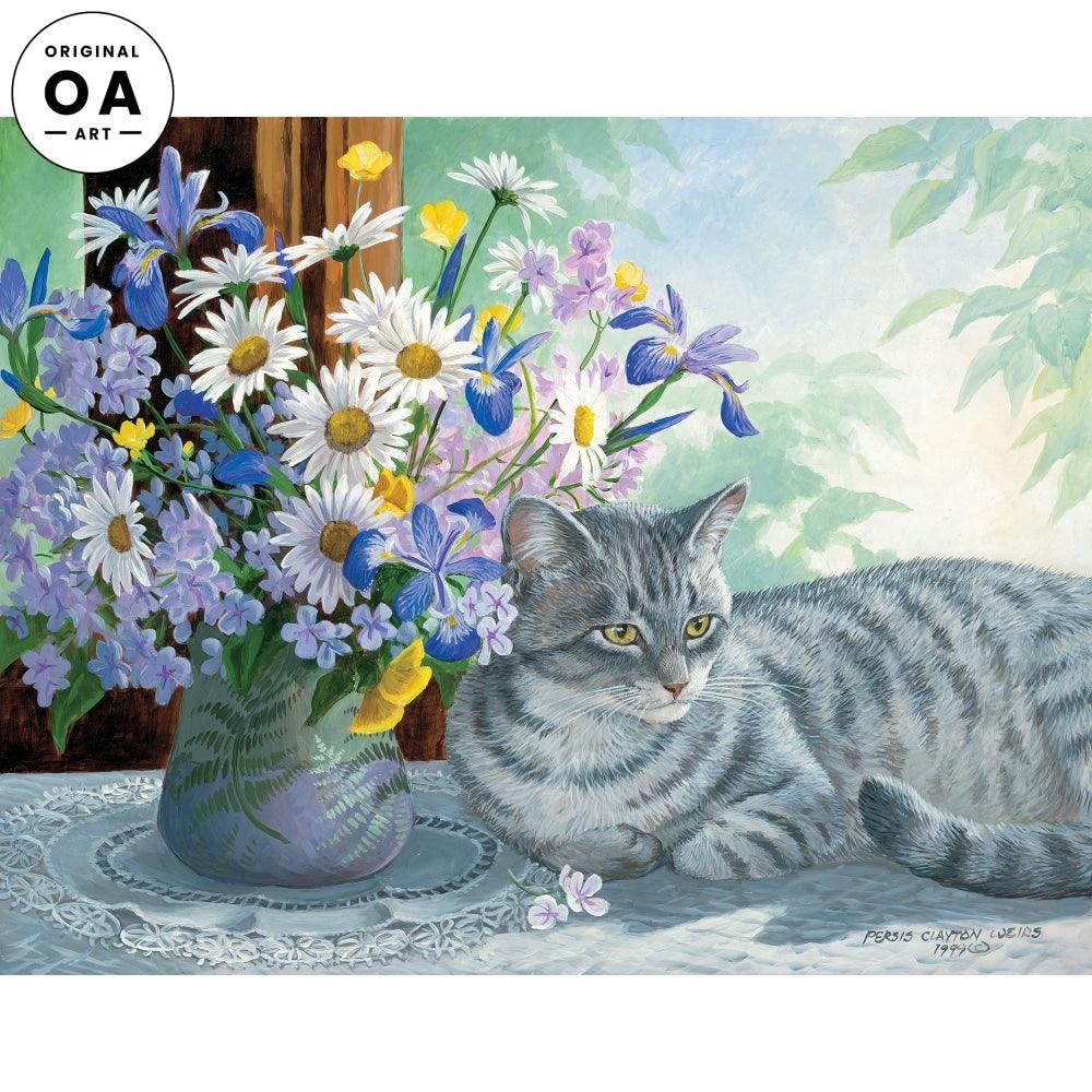 Original acrylic cat outlets painting on canvas. Flowers paintings. Cat painting.