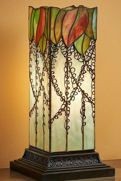 Leaf and Vine Stained Glass Hurricane Lamp - Wild Wings