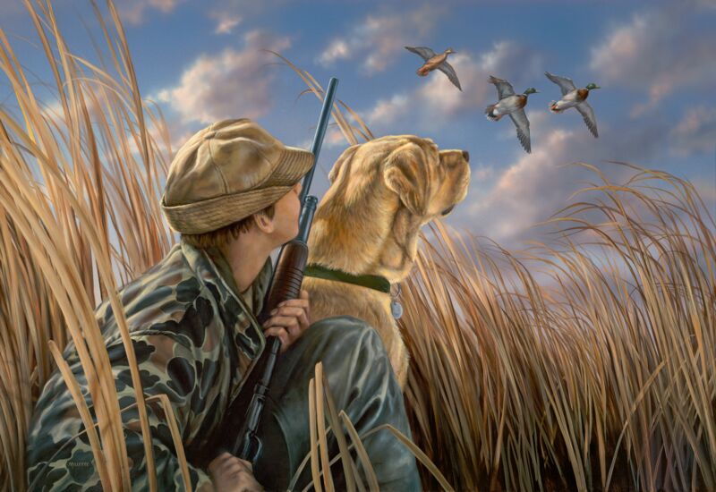 Anticipation - Boy, Lab & Mallards by Rosemary Millette