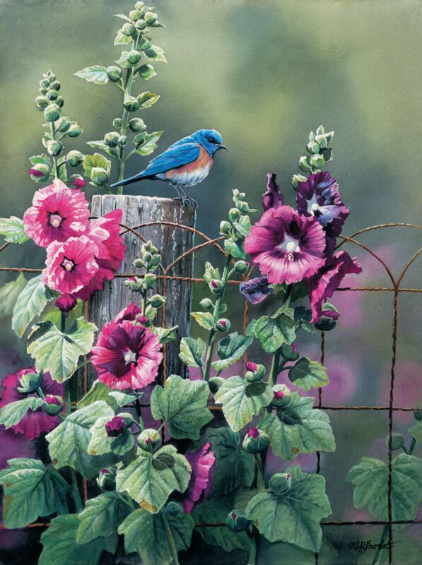 Bluebird and Hollyhocks by Susan Bourdet