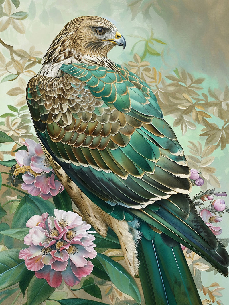 Emerald Majesty - Hawk Amidst Blossoms