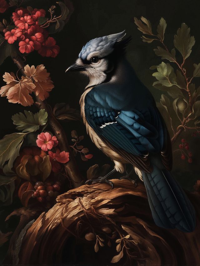 Elegance in Bloom - Blue Jay Amongst Flora