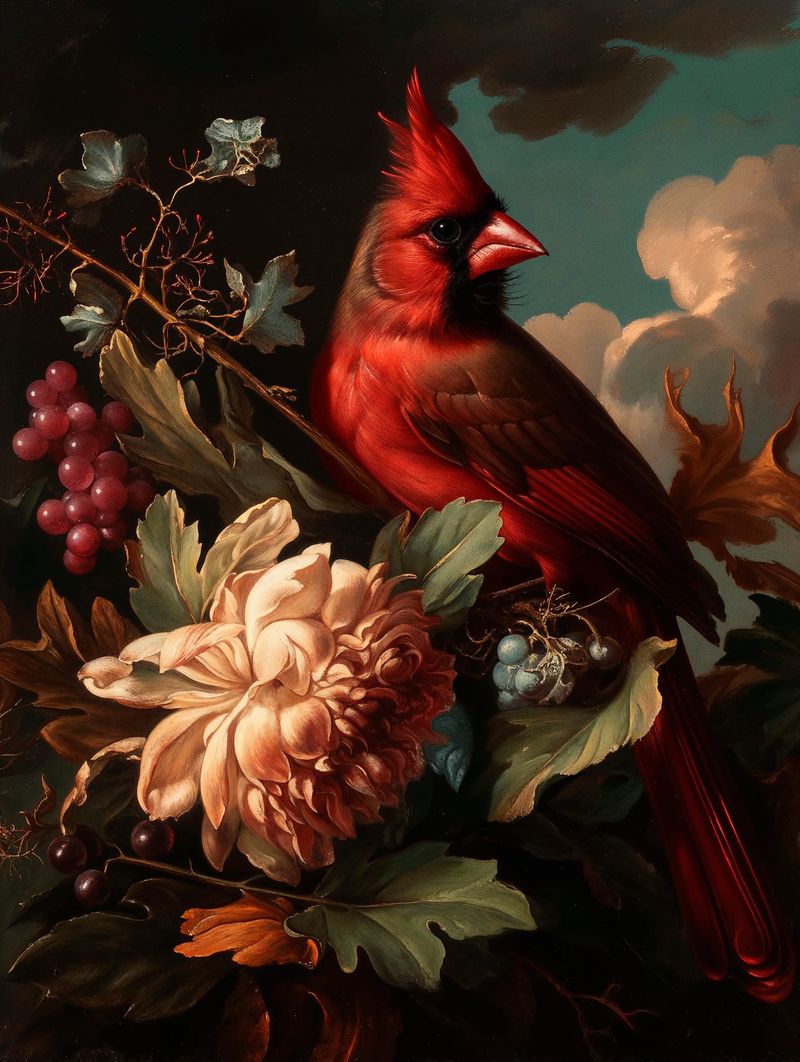 Crimson Majesty - Cardinal Amongst Blooms