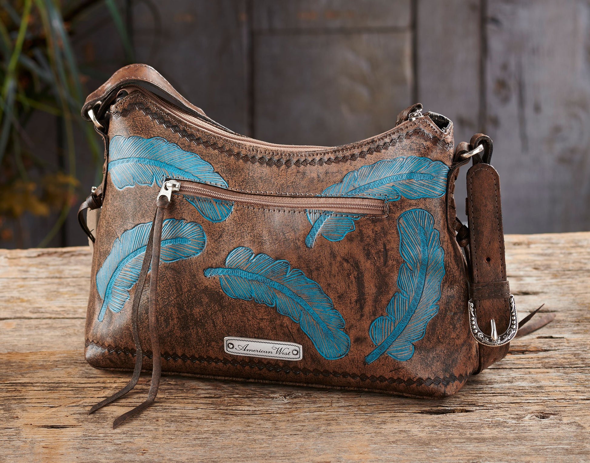 Charcoal Leather with Turquoise Feathers Handbag - Wild Wings