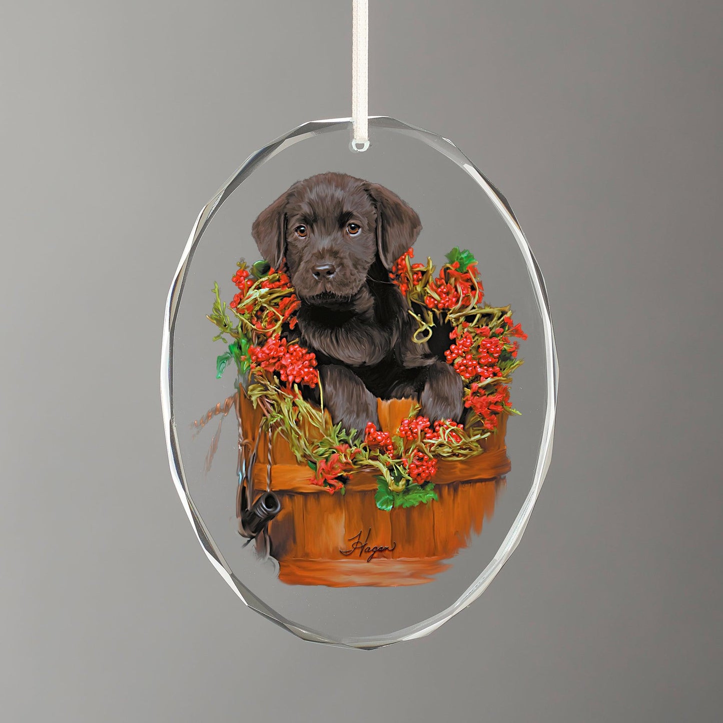 Holiday Surprise - Black Lab Puppy Oval Glass Ornament - Wild Wings