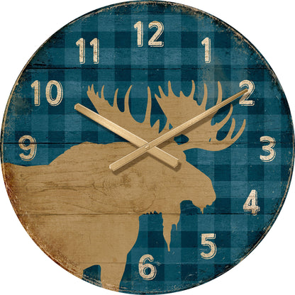 Moose on Blue Plaid 21" Round Clock - Wild Wings
