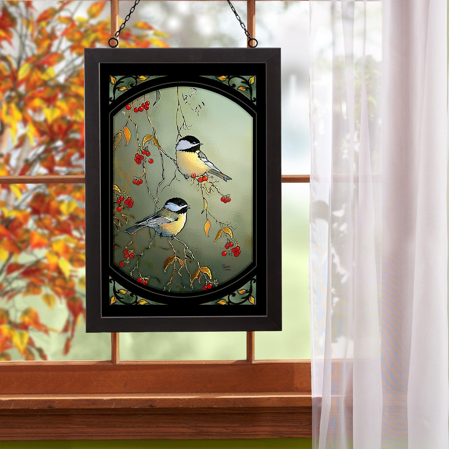 Autumn Chickadee Stained Glass Art - Wild Wings