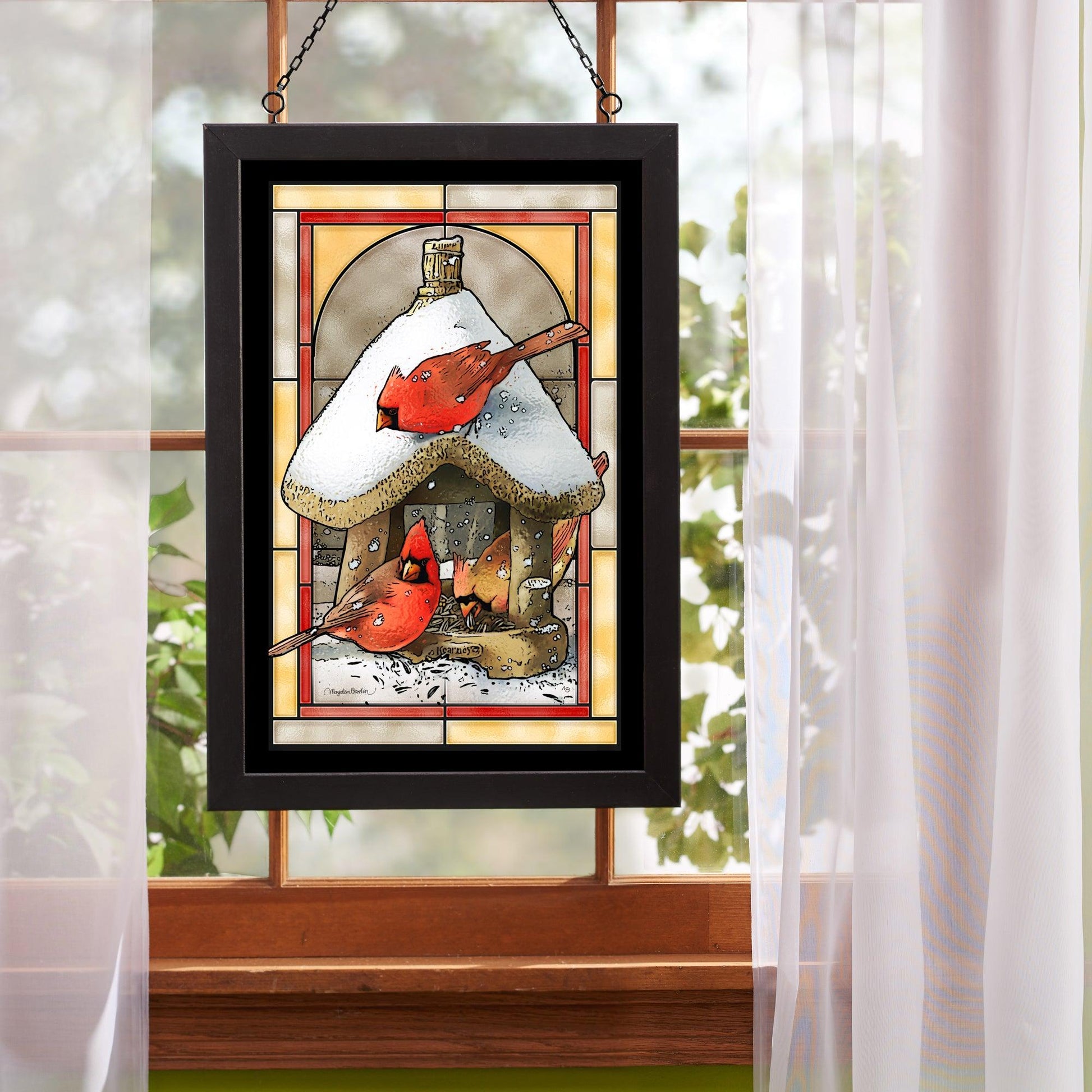 Cardinals at Birdfeeder Stained Glass Art - Wild Wings