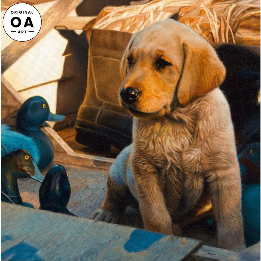 Out Numbered & Surrounded—Yellow Lab Puppy Original Oil Painting - Wild Wings