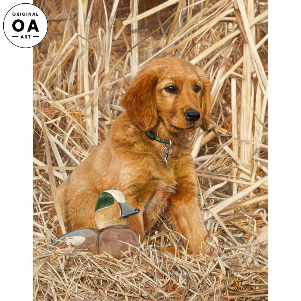 Reporting for Duty—Golden Retriever with Widgeon Decoy Original Oil Painting - Wild Wings