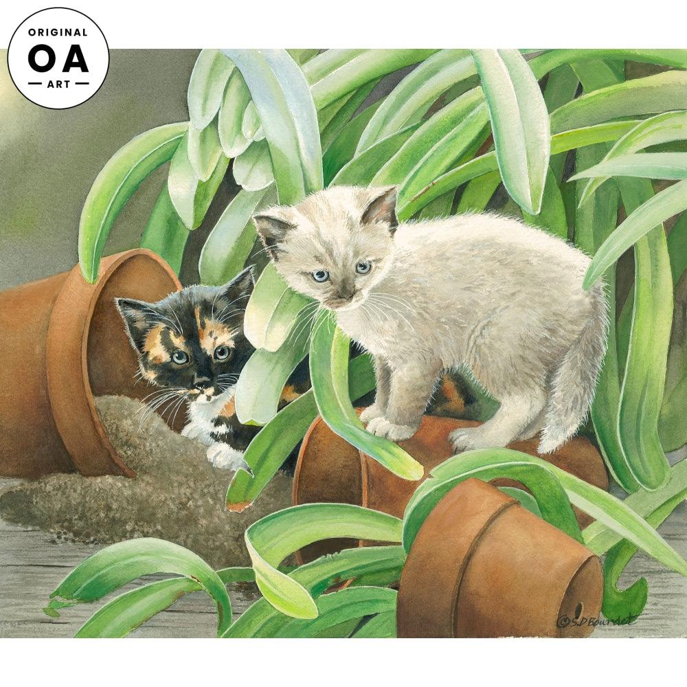 Greenhouse Gremlins—Kittens Original Watercolor Painting - Wild Wings