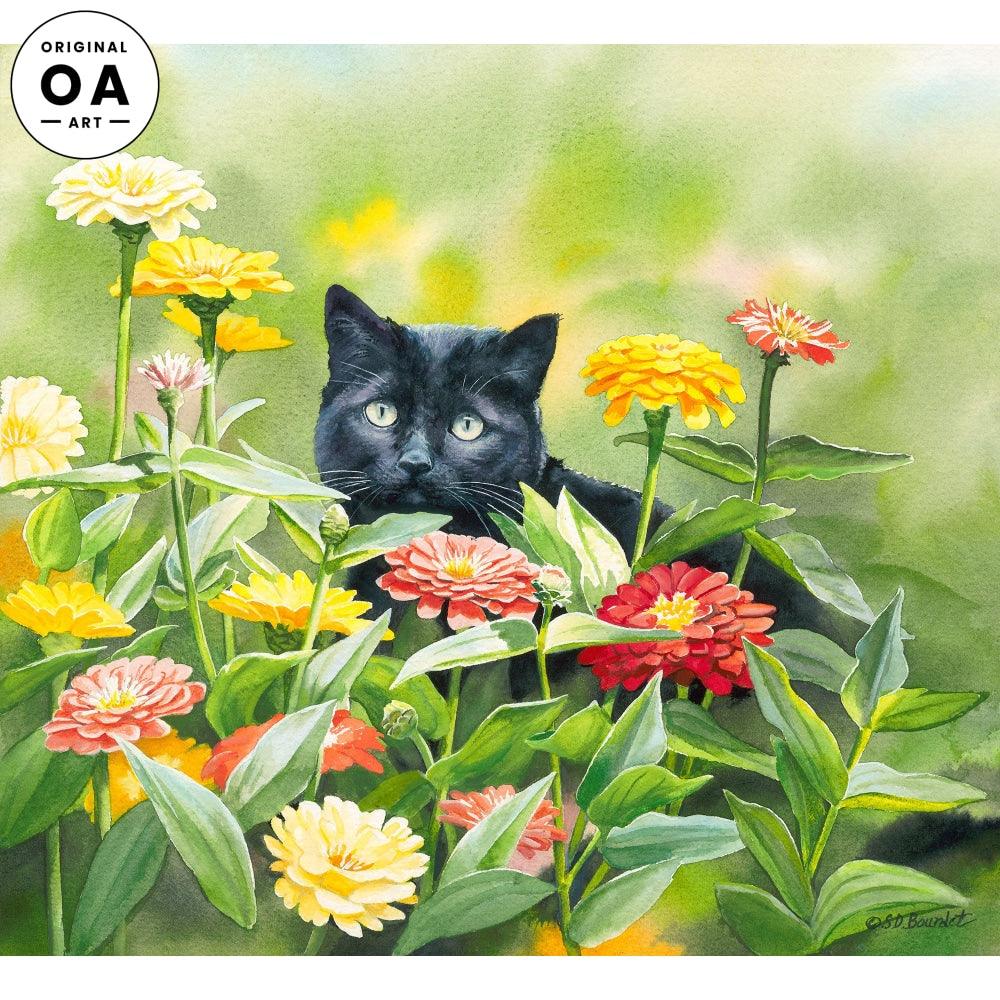 Max Among the Zinnias—Cat Original Watercolor Painting - Wild Wings