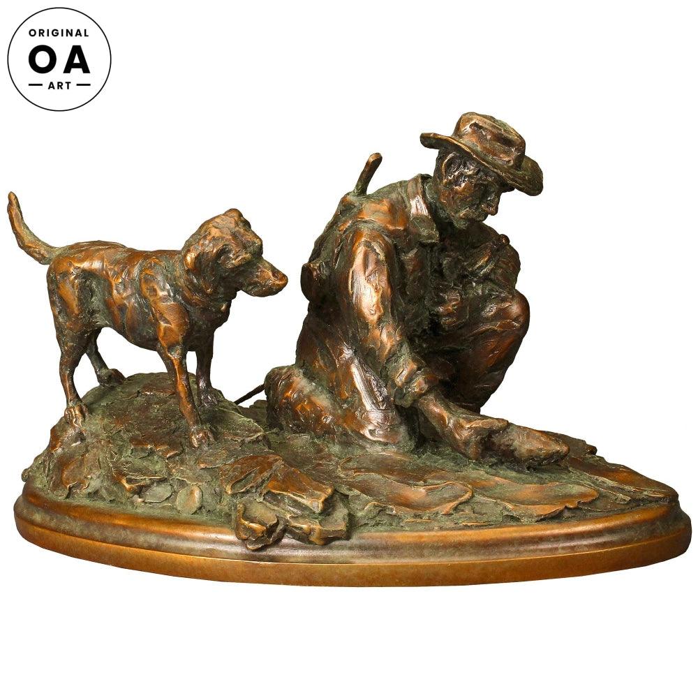 Riverside Rendezvous—Fisherman & Dog Original Bronze Sculpture - Wild Wings