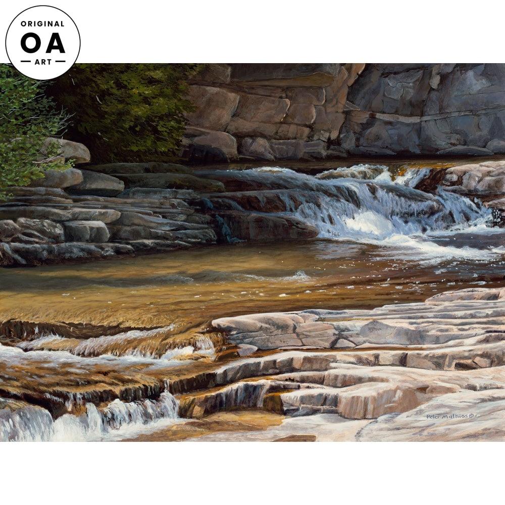 Golden Waters—Waterfall on Rocks Original Acrylic Painting - Wild Wings