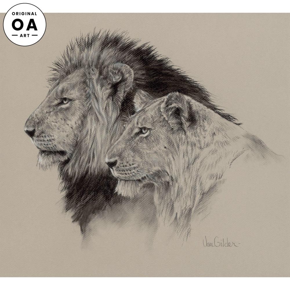 Lion Pair Charcoal Original Charcoal Drawing - Wild Wings