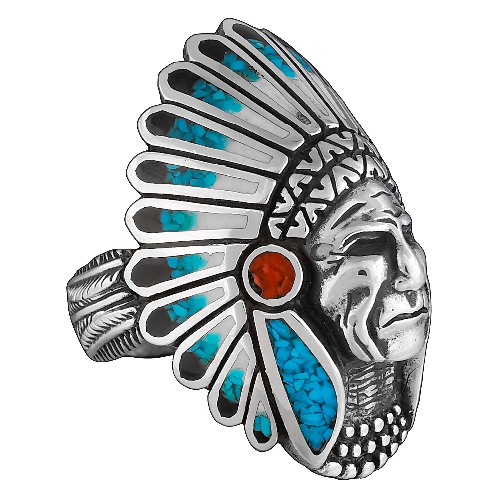Silver & Turquoise Indian Head Men's Ring - Wild Wings