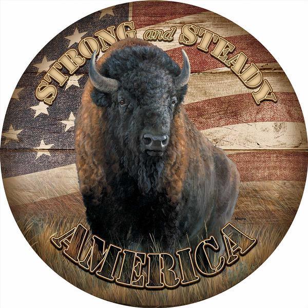 America, Strong and Steady—Bison 21" Round Wood Sign - Wild Wings