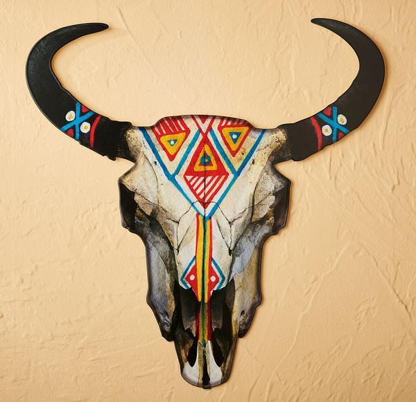 Painted Bison Skull Metal Wall Art - Wild Wings