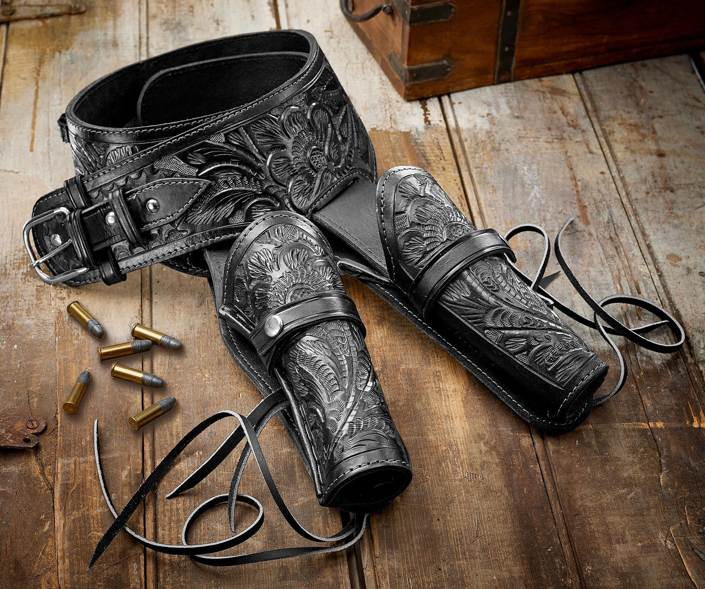 Black Leather Double Holster Belt - Wild Wings