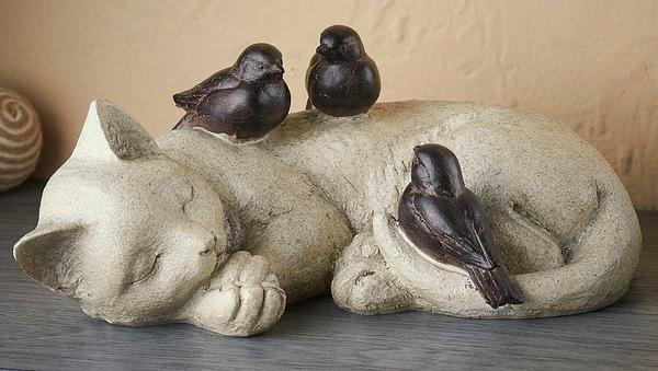 Sleeping Cat & Birds Sculpture - Wild Wings