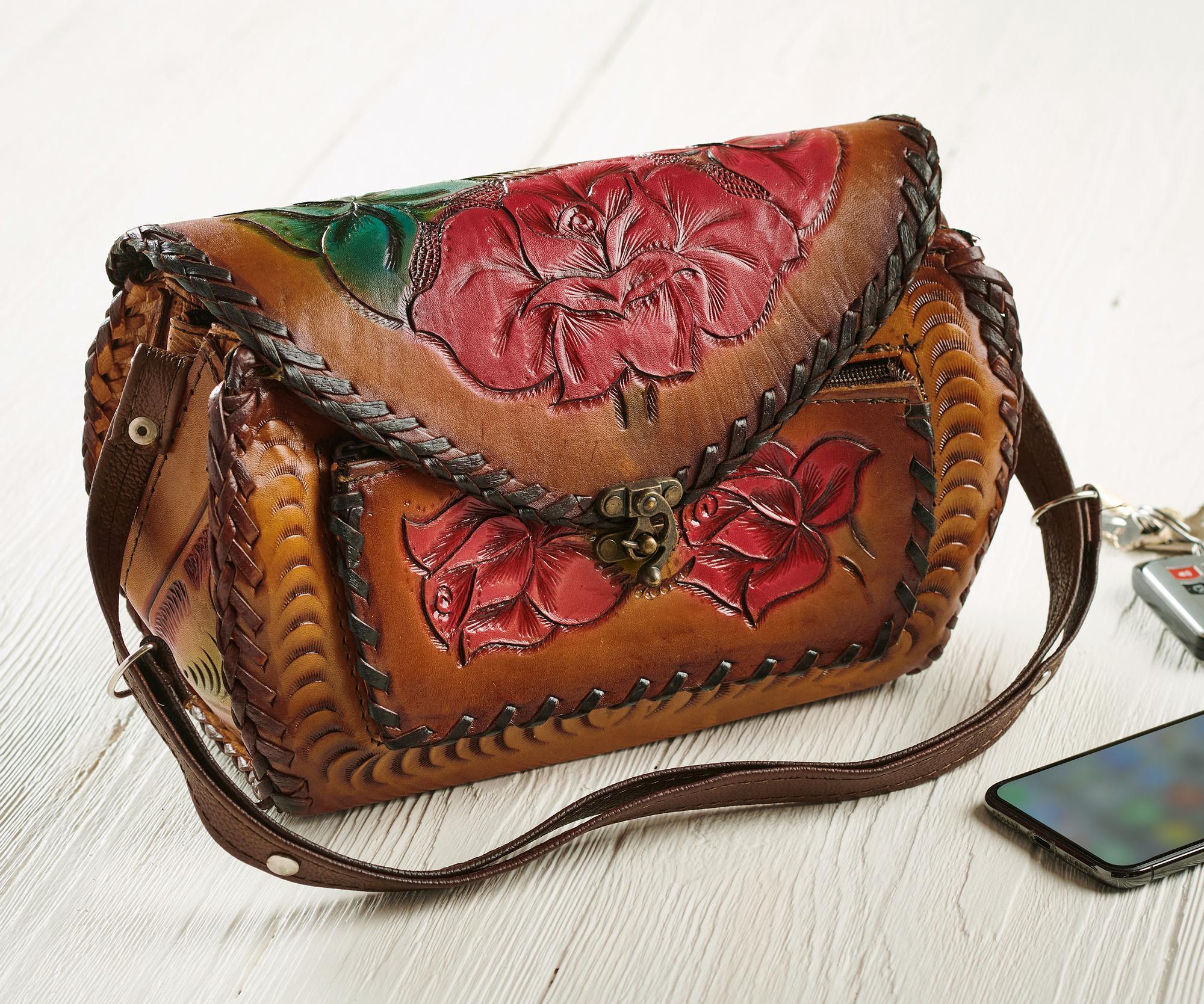 Hand-tooled brown leather handbag - Gem