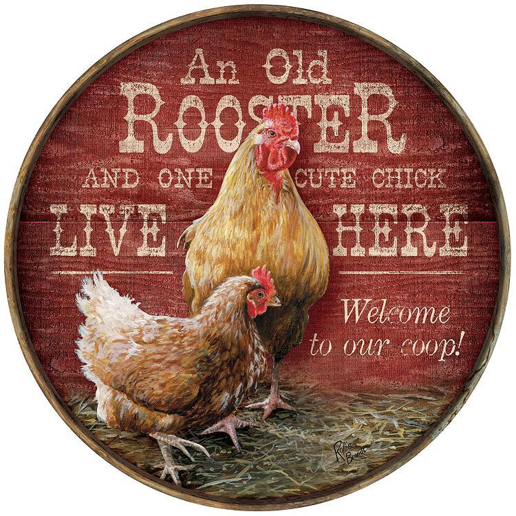 Rooster & Cute Chick 21" Round Wood Sign - Wild Wings