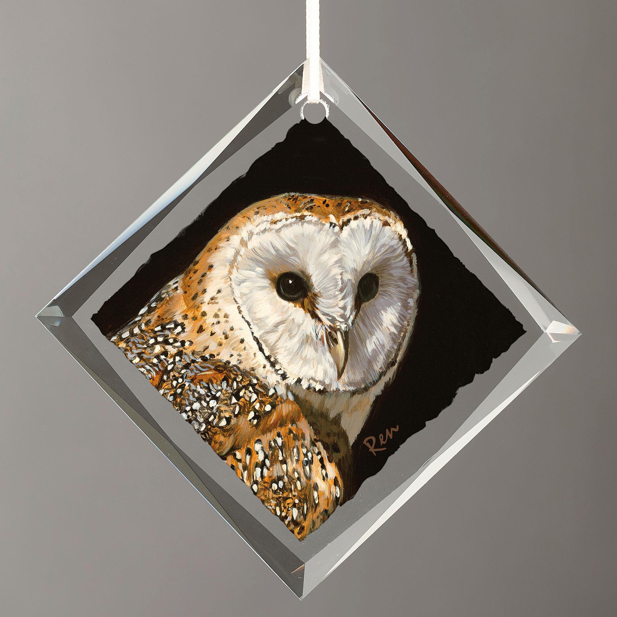 Barn Owl Diamond-Shape Glass Ornament - Wild Wings