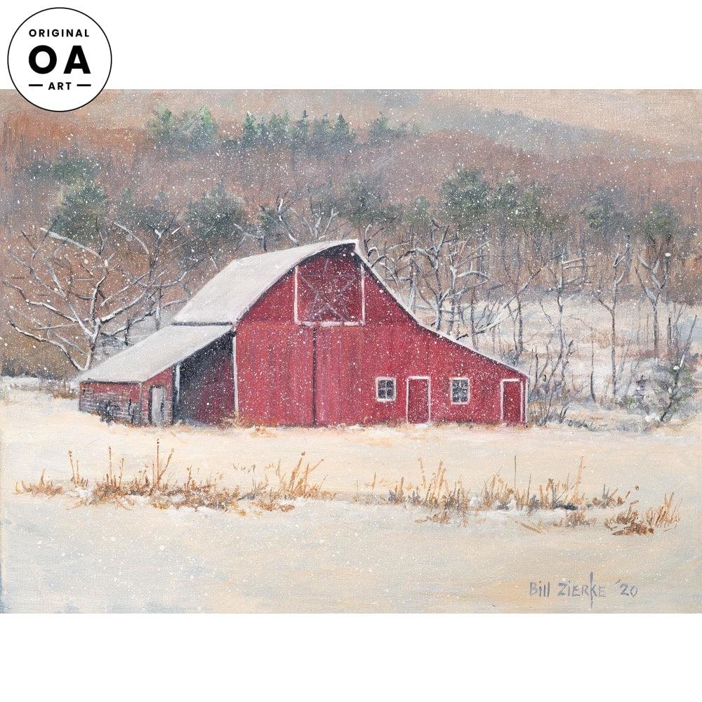 Flurries—Red Barn with Snow Original Acrylic Painting - Wild Wings