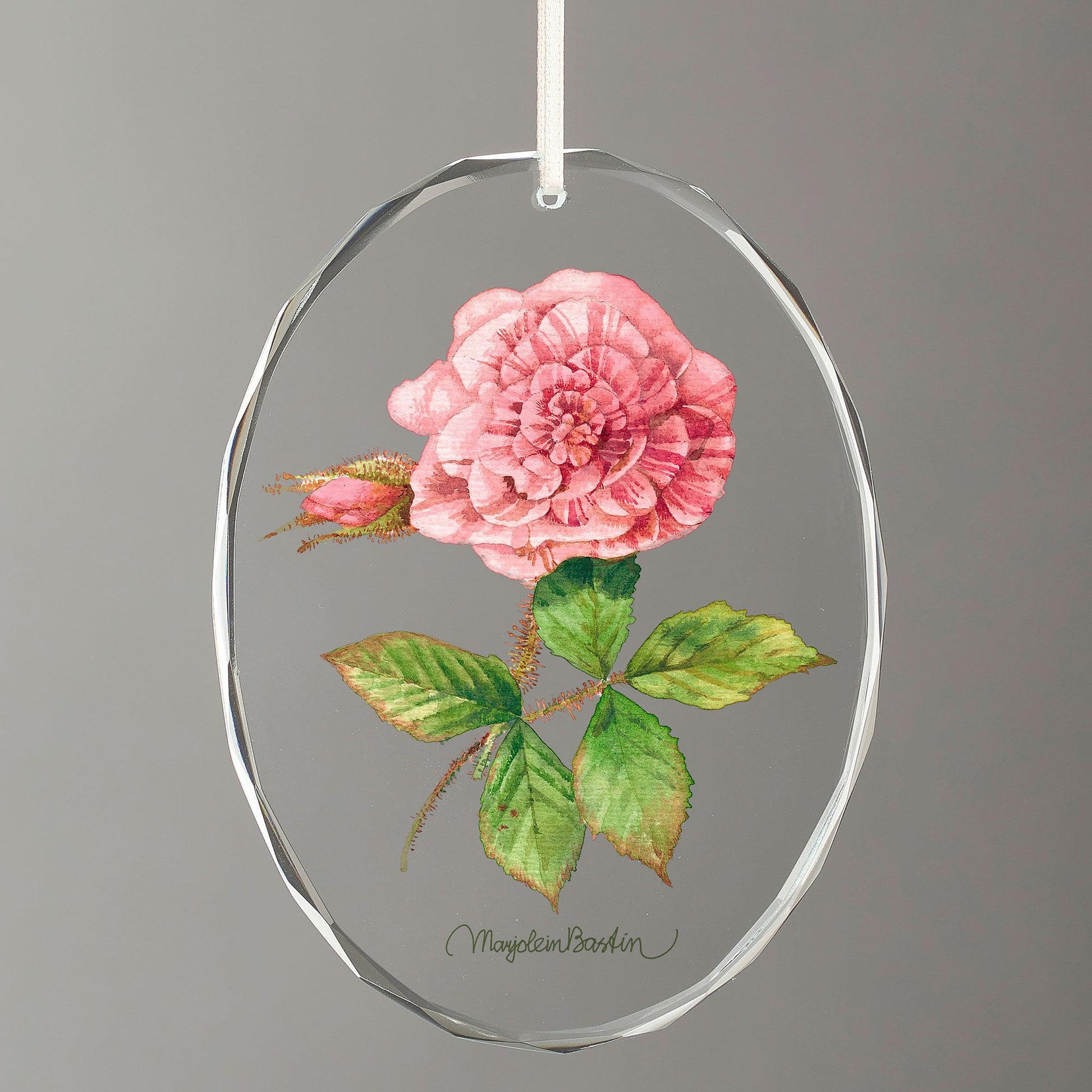 Single Pink Rose Oval Glass Ornament - Wild Wings