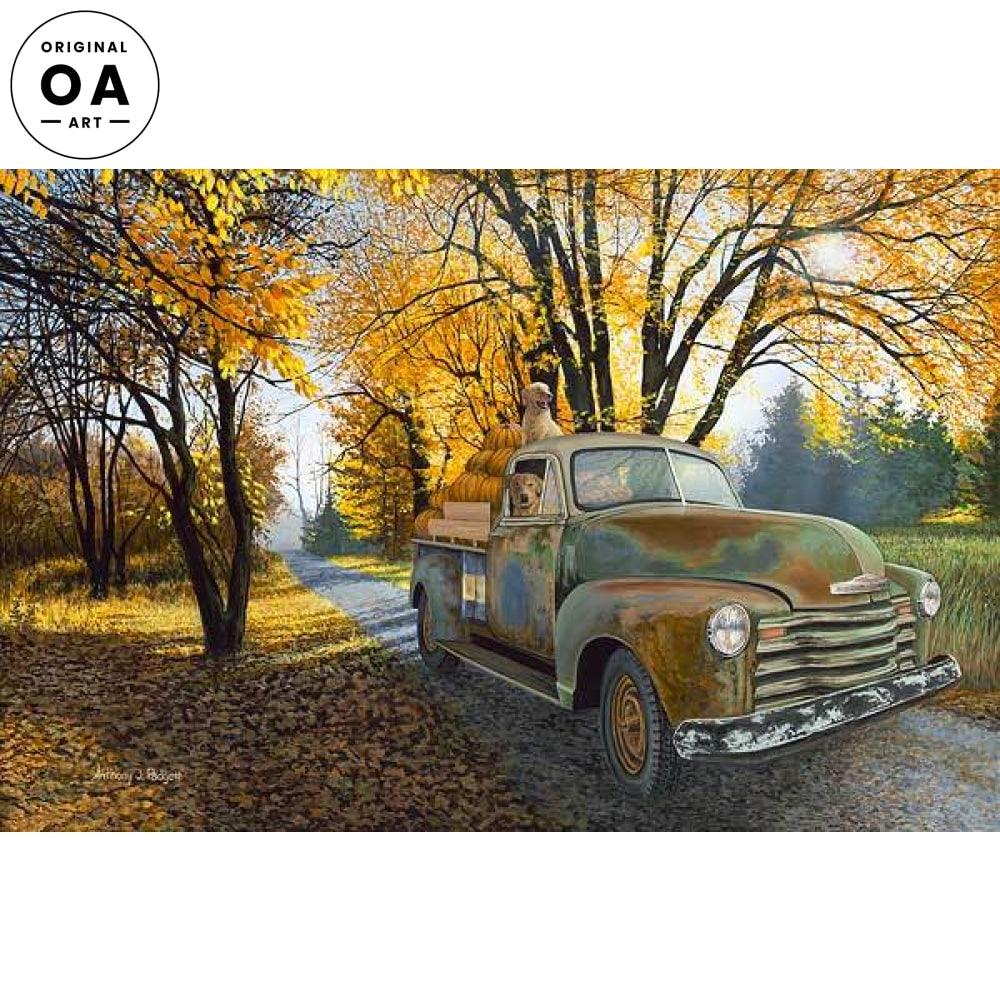 Old Pumpkin Hauler—Yellow Labs & Truck Original Acrylic Painting - Wild Wings