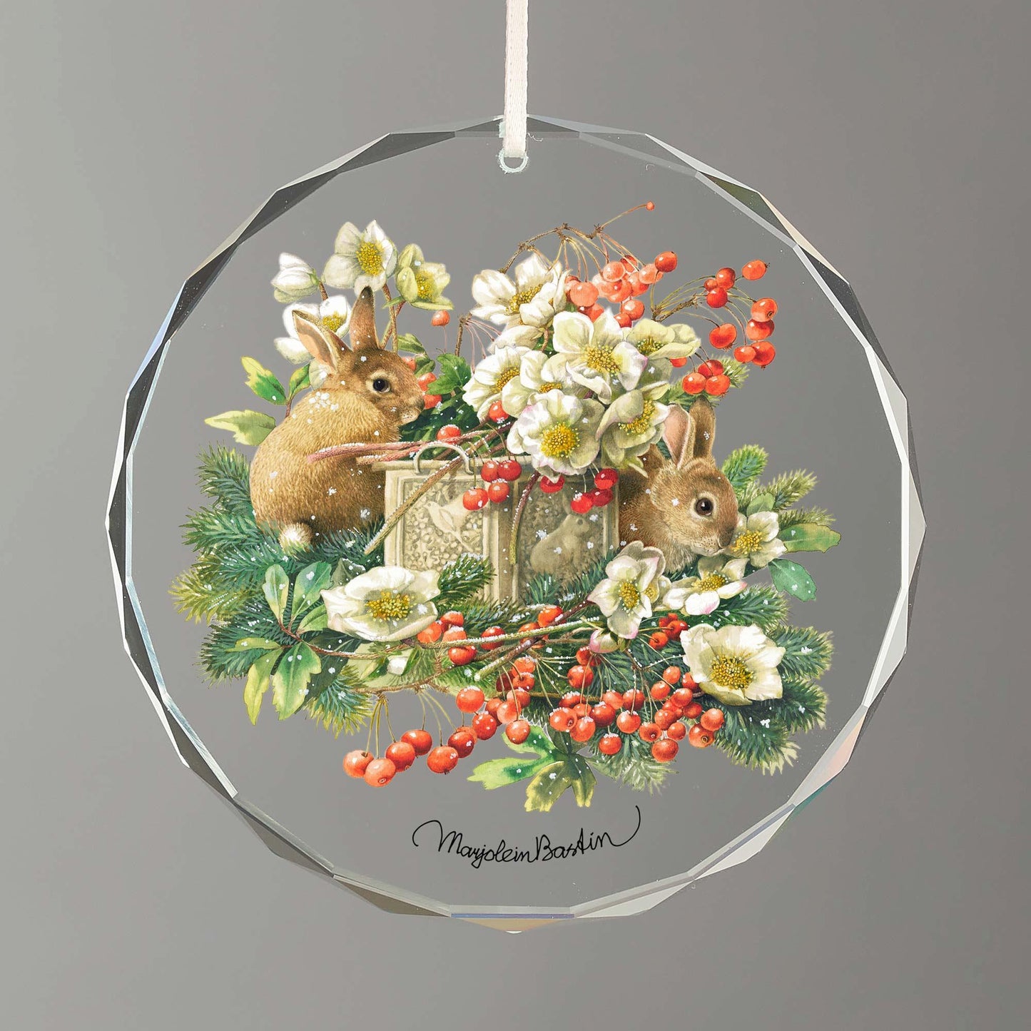 Christmas Bunnies Round Glass Ornament - Wild Wings