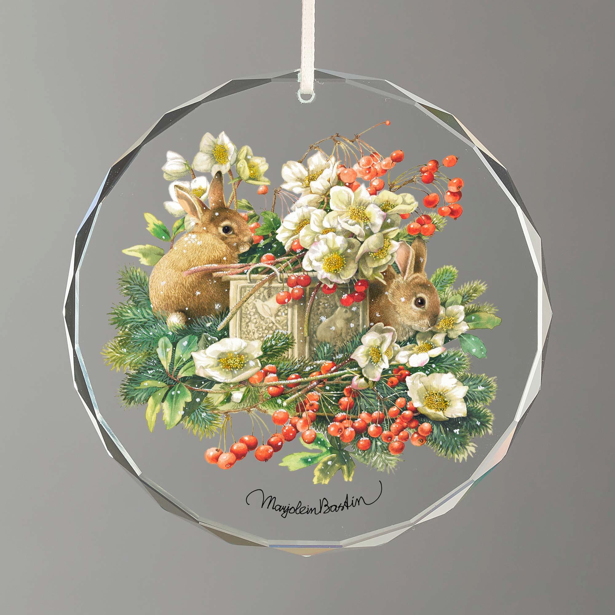 Christmas Bunnies Round Glass Ornament - Wild Wings