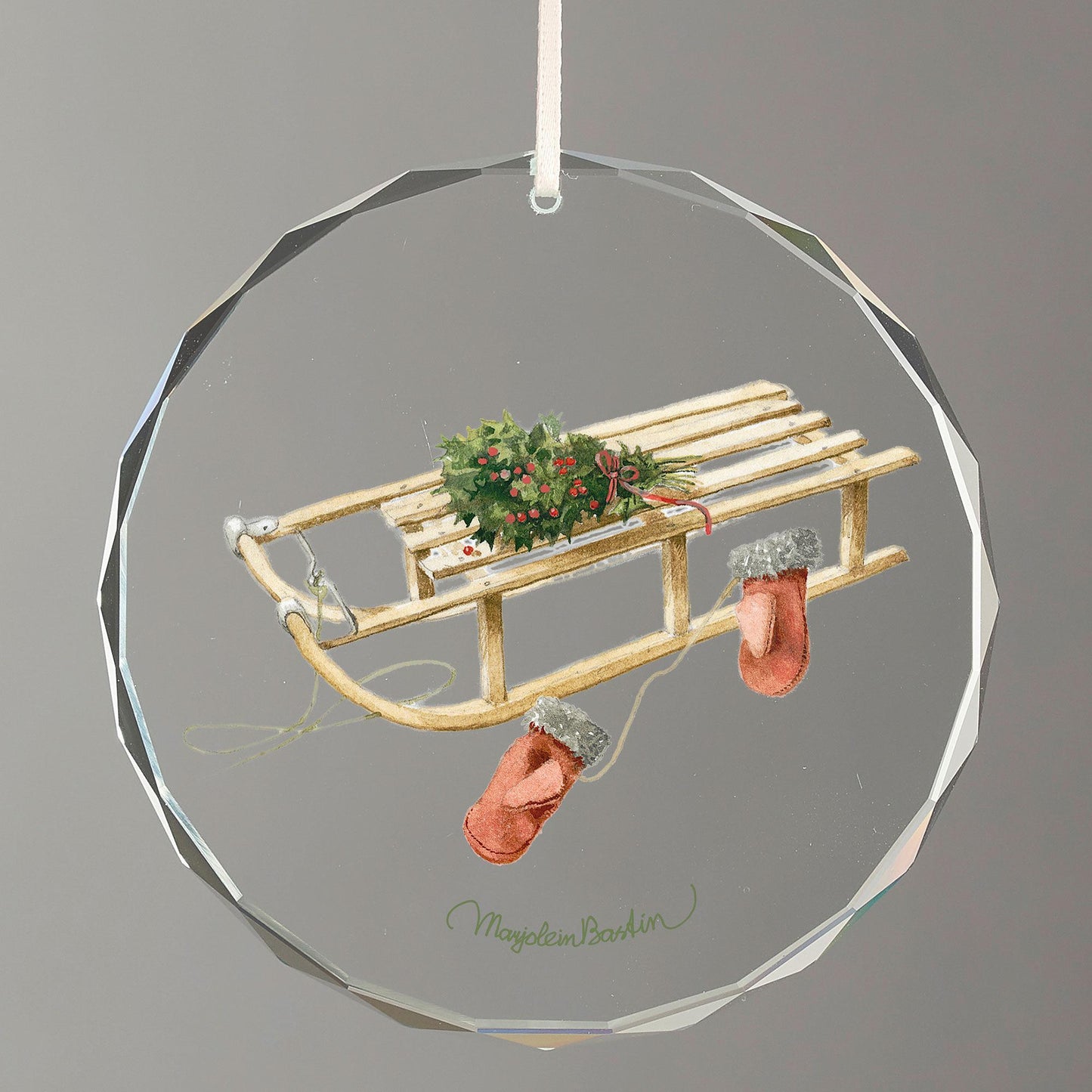 Christmas Sled with Mittens Round Glass Ornament - Wild Wings