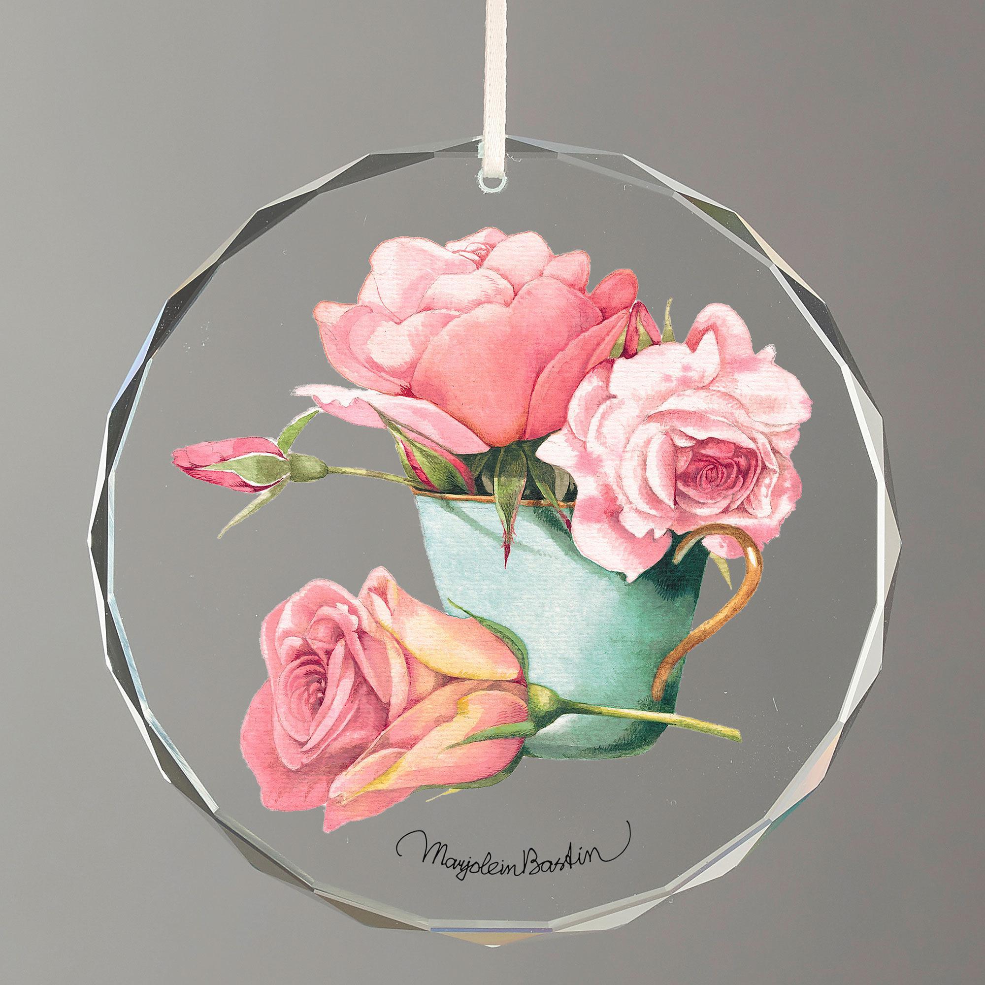 Pink Roses in Tea Cup Round Glass Ornament from Wild Wings