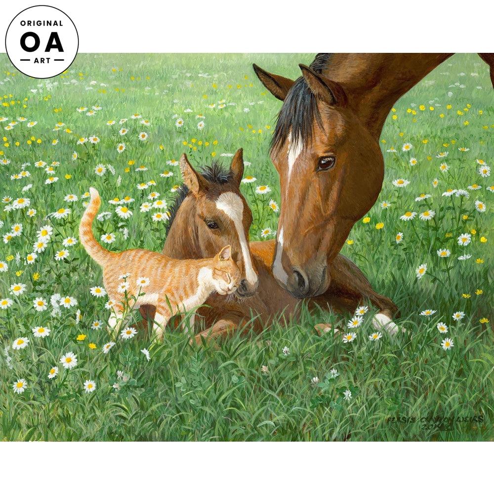 Summer Daisies—Horses & Cat Original Acrylic Painting - Wild Wings