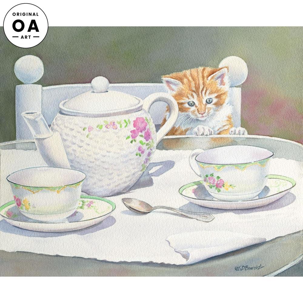 Tea Party Trouble—Tabby Cat Original Watercolor Painting - Wild Wings
