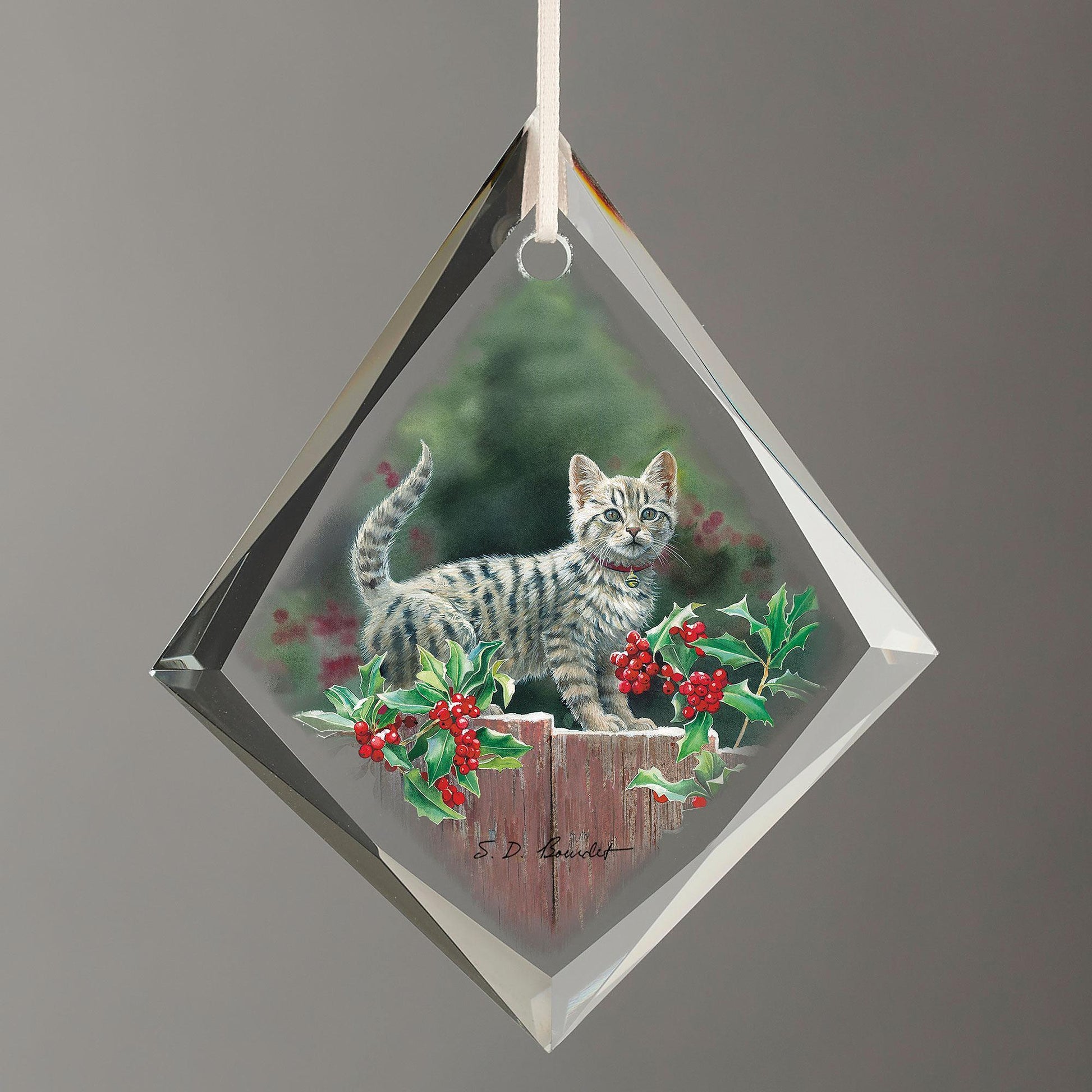 Kitten & Holly Tear Drop Glass Ornament - Wild Wings