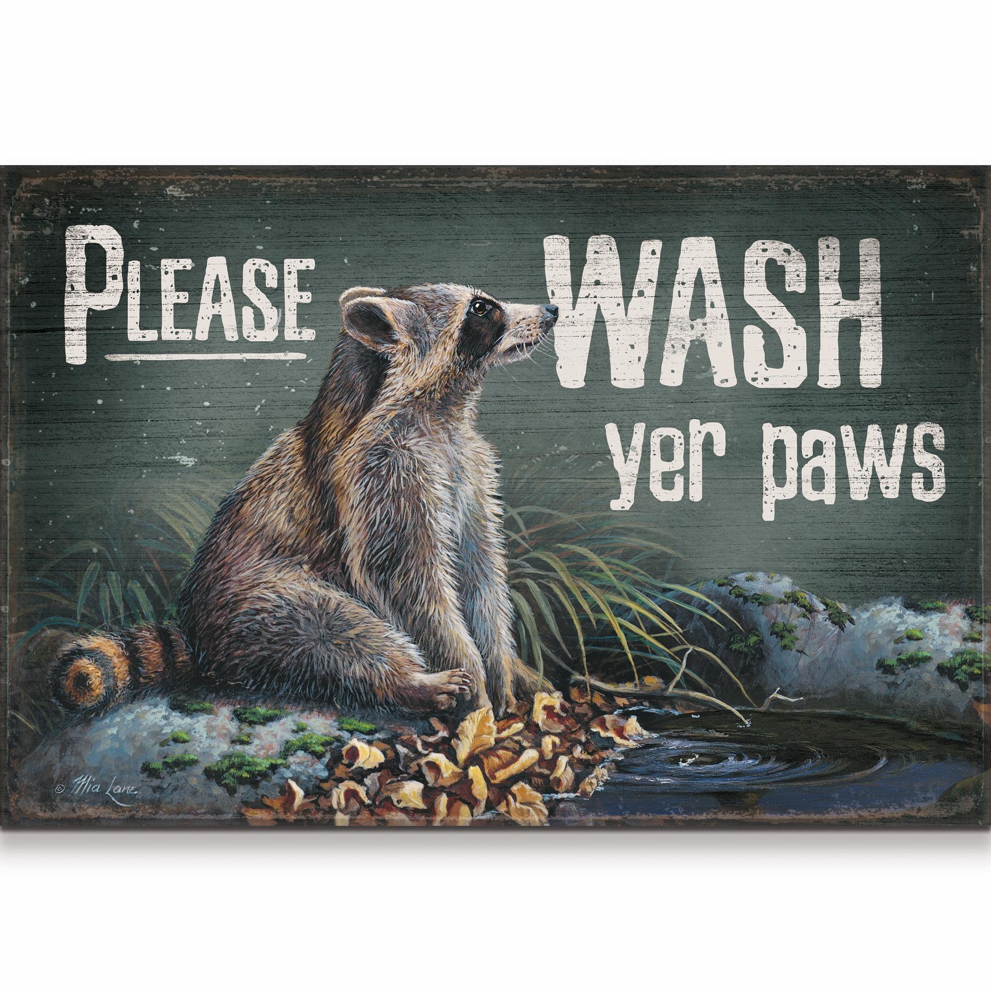 Wash Yer Paws - Racoon 12" x 18" Wood Sign - Wild Wings