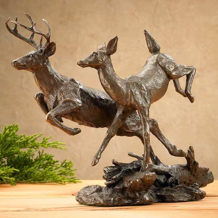 Whitetail Deer Pair Bronze Sculpture - Wild Wings