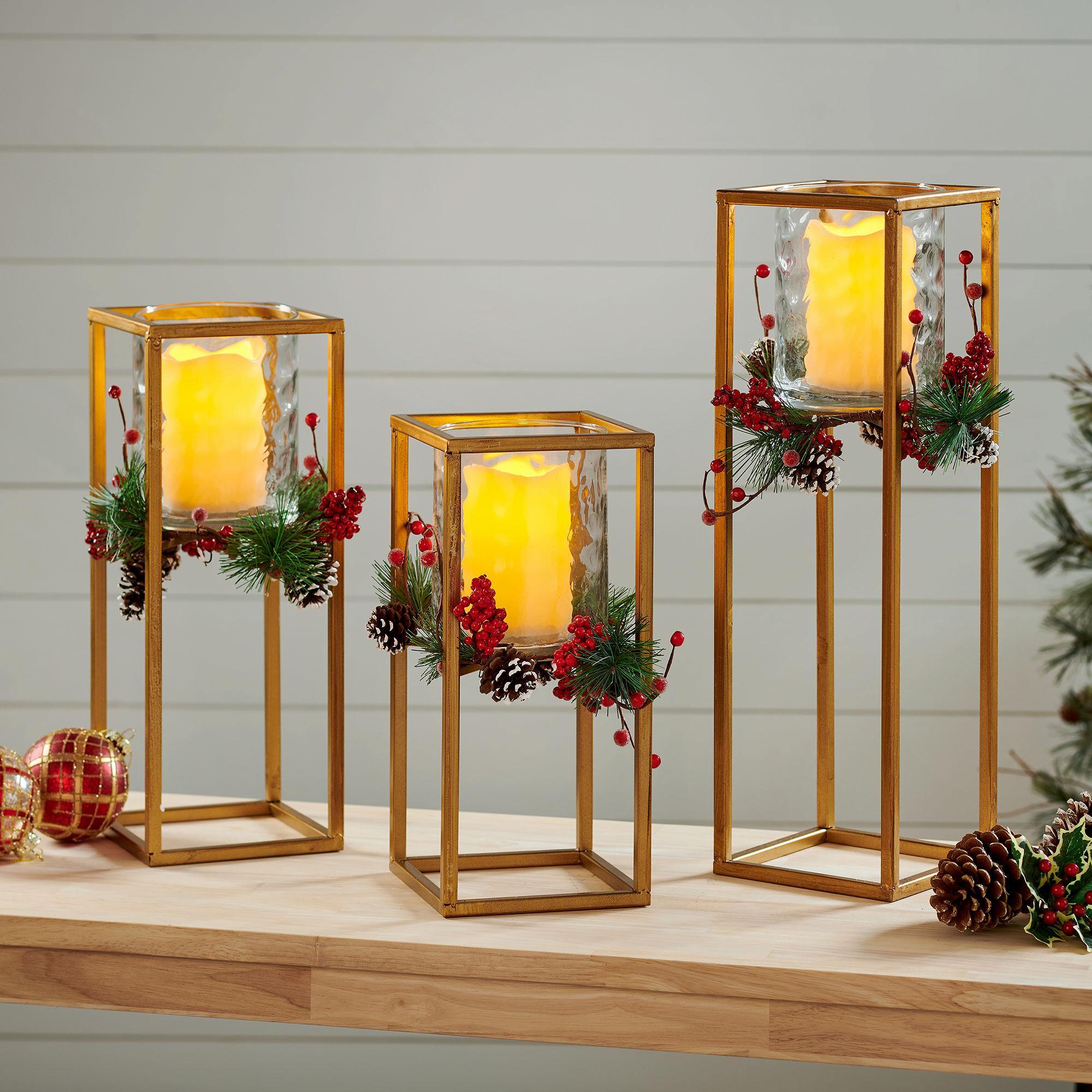 Winter Berry Brushed Gold Candle Holders - Wild Wings