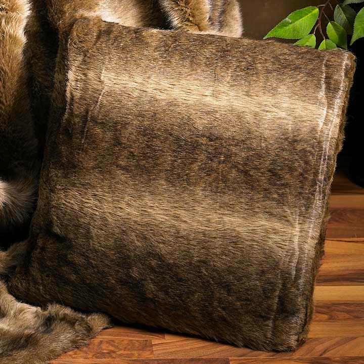Brown Wolf Faux Fur Pillow - Wild Wings